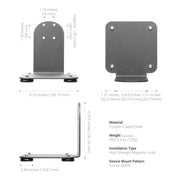 Three views of the SteadyMag™ Magnetic Mount System with Slim-Grip® Tablet Holder in gray metal show labeled height, width, depth, and mounting hole locations. Product specs and installation details are shown on the right.