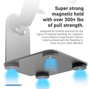 The SteadyMag™ Magnetic Mounting System, featuring four blue-glowing magnets beneath a metal surface, boasts 300+ lbs pull strength—ideal as a forklift mounting bracket for material handling. Arkon Mounts logo is shown bottom left.