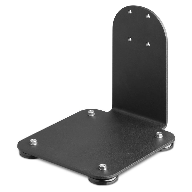 The SteadyMag™ Magnetic Mounting System is a black metal L-shaped stand with a flat base, upright back panel, visible corner bolts, and round rubber feet—perfect as a forklift mounting bracket.