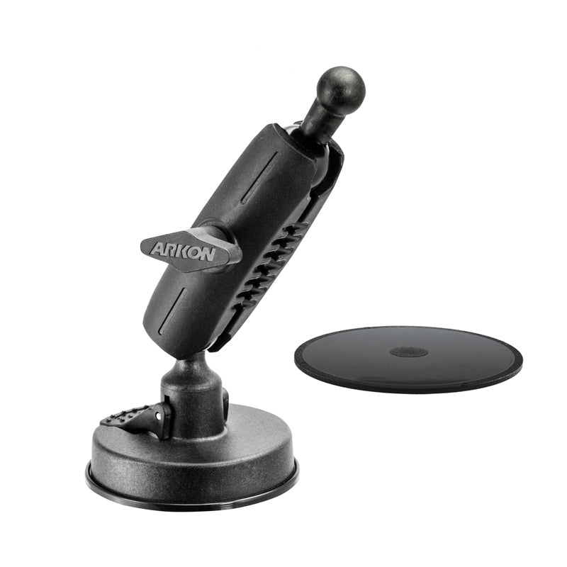 The Sticky Suction Windshield or Dash Car Mount - 17mm Ball Compatible offers a black adjustable arm, round adhesive disc, and strong hold—ideal for mounting devices in vehicles or on flat surfaces.