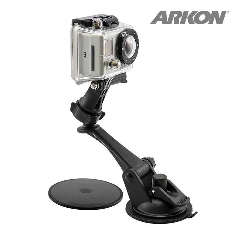 A Sticky Suction Windshield or Dash Car Mount for GoPro HERO Action Cameras is shown with a clear camera attached and a separate adhesive base, making it perfect for live streaming. The Arkon logo appears in the top right corner.