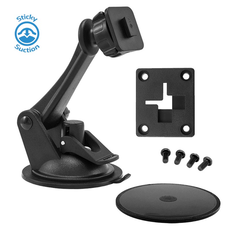 The Sticky Suction Windshield or Dash Car Mount for XM and Sirius Satellite Radio features a black adjustable arm, square mounting plate, four screws, and round adhesive pad—the Sticky Suction logo appears in the top left corner.