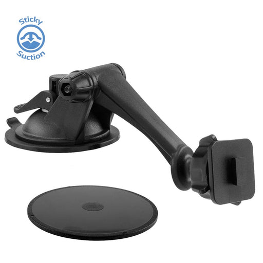 The Sticky Suction Windshield or Dash Car Mount for XM Satellite Radio and Single-T Holders, with a black articulating arm, is shown next to a round adhesive pad. Blue Sticky Suction text and icon appear on a white background in the top left.