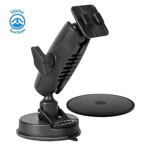 A black adjustable Sticky Suction Windshield or Dash Car Mounting Pedestal for smartphones and tablets with a sticky suction base, round adhesive pad, and a blue Sticky Suction logo in the top left corner.