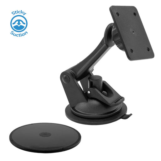 The Sticky Suction Windshield or Dash Mount for Sirius Satellite Radios features a black adjustable arm, rectangular plate, and round suction base. A separate adhesive pad is included. The Sticky Suction logo highlights its sticky suction pedestal design.