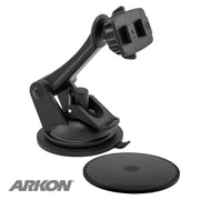 The Sticky Suction Windshield or Dash Mount with 3 Arm for Dual-T Holders and Magellan GPS features a sticky suction base, Dual-T-Slot mounting, a circular dash disk, and displays the Arkon logo on white in the lower left corner.