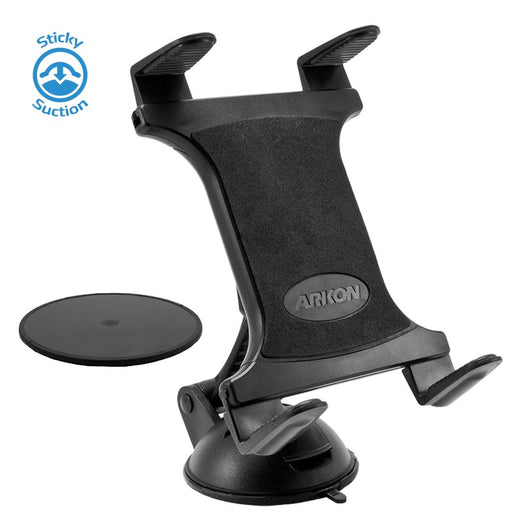 The Sticky Suction Windshield or Dash Slim-Grip® Tablet Mount for iPad, Note, and more features a black holder with a suction cup base and round adhesive pad—ideal as a windshield mount for ELD systems. “Sticky Suction” text and icon shown at top left.