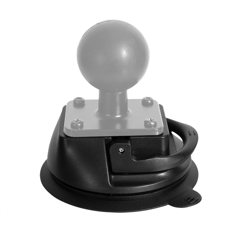 The Suction Cup Base - AMPS Compatible features a black base with a large gray knob, secured by four screws in a 4-hole AMPS pattern, ideal for gripping or repositioning smooth surfaces and compatible with Arkon holders.