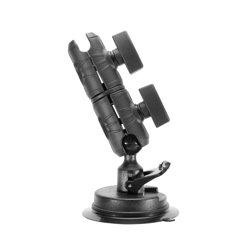 The Suction Mount with Double Socket Swivel Arm, shown in black with an adjustable design, padded grips, and a suction cup base, is displayed in a side view against a white background.