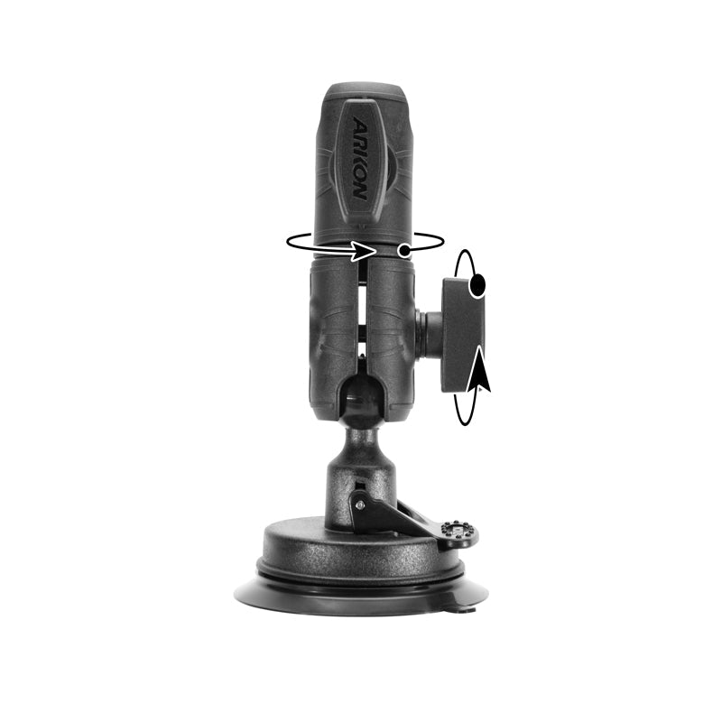 The Antcom Suction Mount with Double Socket Swivel Arm features rotation arrows on the black main arm, indicating horizontal and vertical adjustability. The Antcom brand is visible on the main vertical arm.