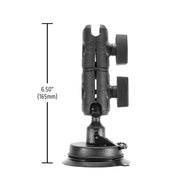 Side view of the Suction Mount with Double Socket Swivel Arm in black, featuring a 25mm ball adapter, suction cup base, two adjustable knobs, and a height of 6.50 inches (165mm).