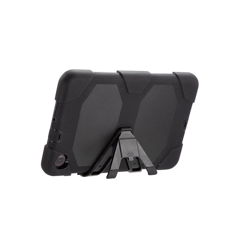A Tablet Case for Galaxy Tab A7 Lite in black is shown propped on a foldable stand, viewed from the back and side, highlighting its textured surface, camera cutout, and multi-layer protective design.