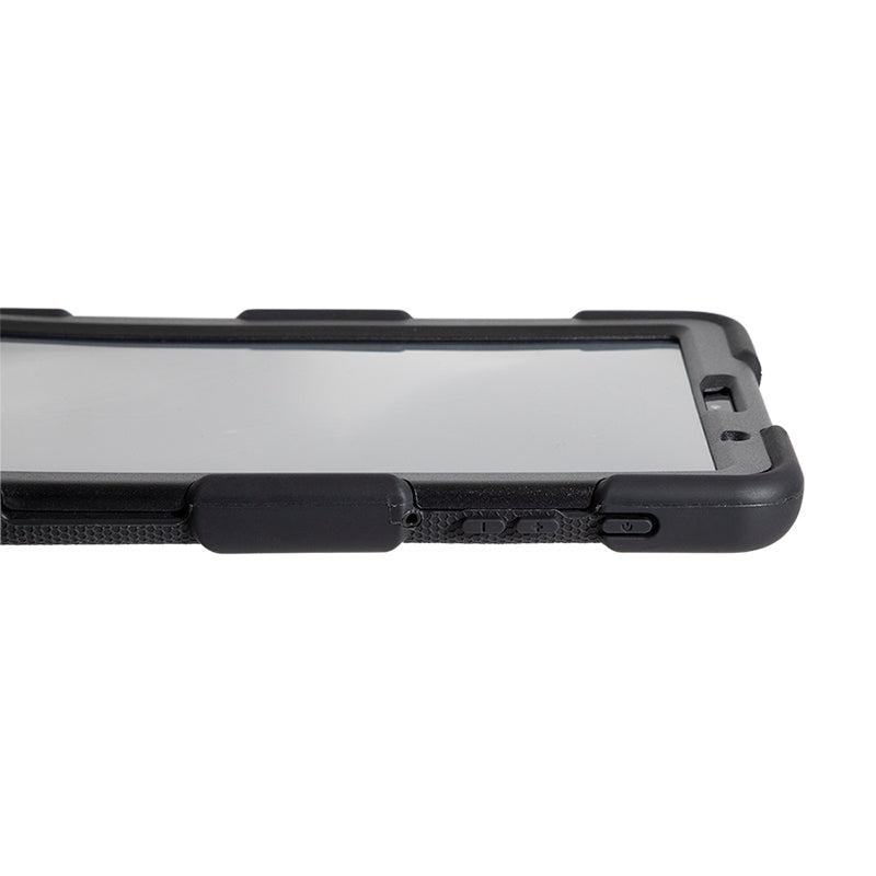 Close-up of the edge of a black Tablet Case for Galaxy Tab A7 Lite, highlighting its rugged multi-layer protection, reinforced corners, side buttons, and part of the screen.