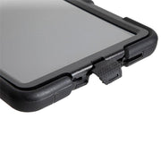 Close-up of a Tablet Case for Galaxy Tab A7 Lite in black, featuring a textured cover flap and open corner revealing the charging port. The visible screen showcases its durable, multi-layer protection for your device.
