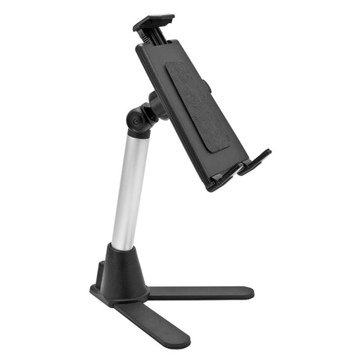 The Desk Stand Mount with Tablet Holder features a black and silver design, sturdy base, extendable arm, and secure clamp—perfect for teaching or everyday use as a reliable tablet stand.