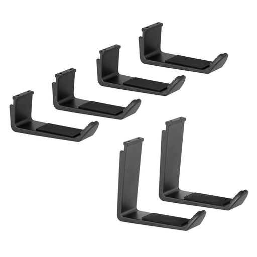 Set of five black Tablet Handstrap Support Legs for Slim-Grip Universal Tablet Holder—three small, two large—all wall-mounted and padded, ideal for organizing accessories, shown in pairs facing different directions on a white background.