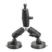The Triple Robust Double Windshield Suction Mount, 17mm ball compatible, features three strong suction cups, adjustable arms, and jointed connectors to firmly secure devices and allow flexible positioning on smooth surfaces.