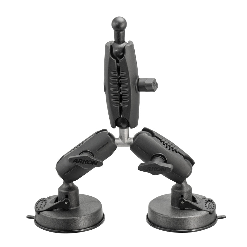 The Triple Robust Double Windshield Suction Mount, 17mm ball compatible, features three strong suction cups, adjustable arms, and jointed connectors to firmly secure devices and allow flexible positioning on smooth surfaces.
