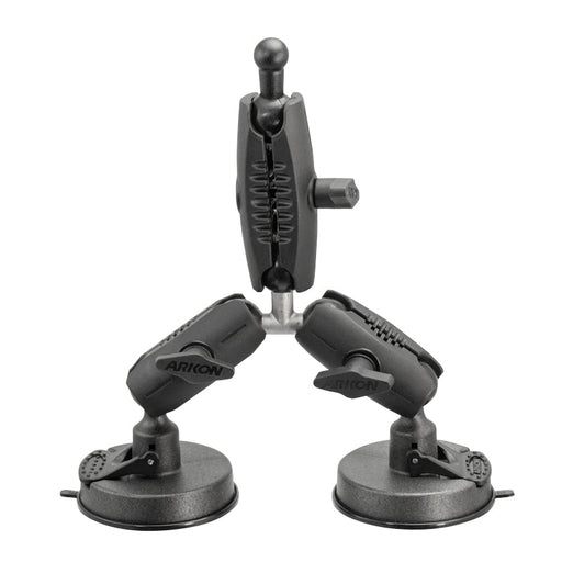 The Triple Robust Double Windshield Suction Mount, 17mm ball compatible, features three strong suction cups, adjustable arms, and jointed connectors to firmly secure devices and allow flexible positioning on smooth surfaces.
