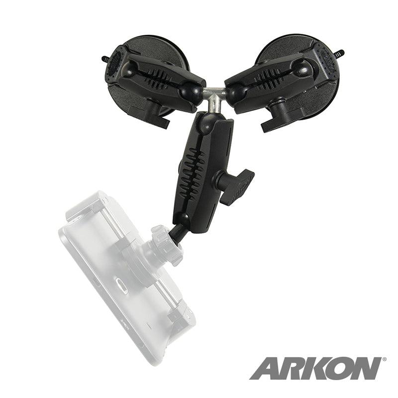 The Triple Robust Double Windshield Suction Mount features dual black suction cups, adjustable arms, a transparent holder, and ARKON branding. Its built for durability and is compatible with 17mm ball accessories.
