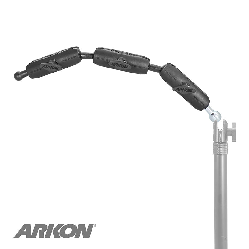 A segmented, flexible black Triple Robust Shaft Overhead Arm Assembly for Pro Stand and Remarkable, featuring four adjustable segments, is mounted on an adjustable pole. The ARKON logo appears in the lower-left corner.