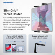 Promotional image for the Triple Slim-Grip® Tablet Holder Stand—ideal for point of sale or restaurant delivery apps like DoorDash, Uber Eats, and Grubhub. Fits 7.1–18.4 tablets (with or without cases), supports one-handed use and all-weather durability.