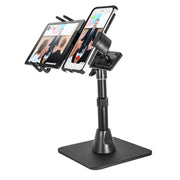 The TW Broadcaster Combo Stand holds a smartphone and tablet side by side with Slim-Grip® Ultra and RoadVise® holders. Its black, sturdy base allows height and angle adjustment—ideal for creators live streaming from both devices.