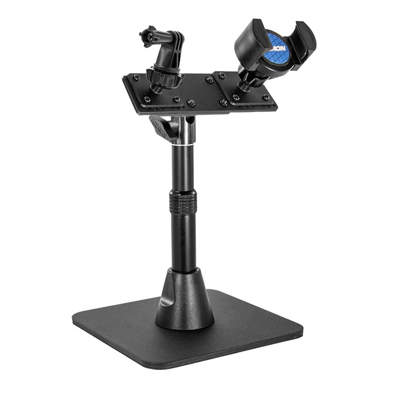 The TW Broadcaster Desk Stand for GoPro and RoadVise® Phone Holder features an adjustable arm with a clamp mount, a stable square metal base, and a blue circular logo—ideal for content creators and live streaming.