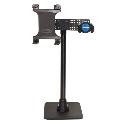 The TW Broadcaster Dual Slim-Grip® Tablet and RoadVise® Phone 29-inch Stand Holder is a black adjustable mount with a rectangular base and clamp, designed to securely hold your device upright for live streaming. Arkon branding is featured at the top.