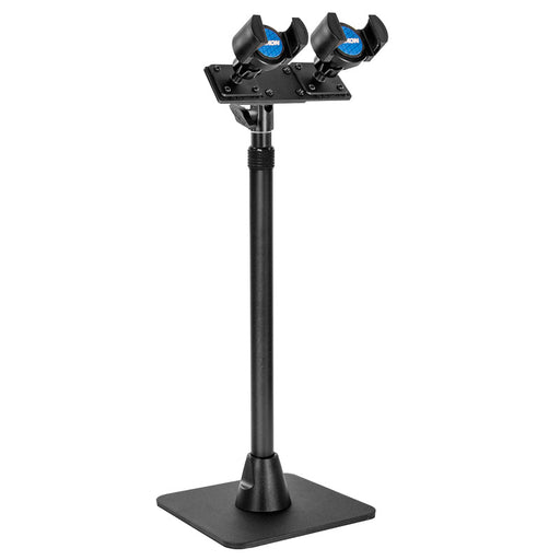 The TW Broadcaster Pro Dual RoadVise® is a 29-inch black desk or countertop phone mount with a flat square base and two angled holders featuring blue knobs—ideal for content creators or live streaming.