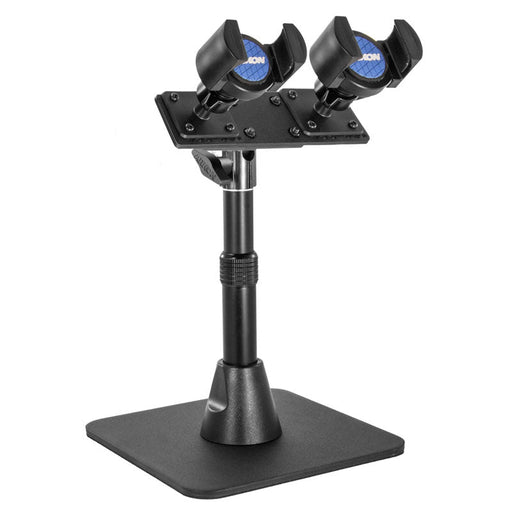 The TW Broadcaster Pro Stand is a dual RoadVise® phone desk stand with an adjustable pole and flat base, perfect for content creators live streaming on Instagram or Facebook Live. Features two angled holders for mounting two phones securely.