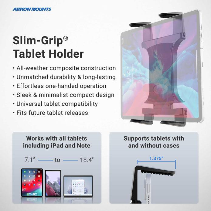 A promotional graphic for the TW Broadcaster Slim-Grip® Tablet and RoadVise® Tripod Mount Holder for Streaming Live Video, displaying a mounted tablet—perfect as a dual live streaming or content creator mount for 7.1–18.4 tablets with or without cases.