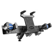 The TW Broadcaster TriStreamer Tripod Adapter for Slim-Grip® Tablet and Dual RoadVise® Phone securely holds your devices for live streaming. Shown in black with padded grips against a white background.