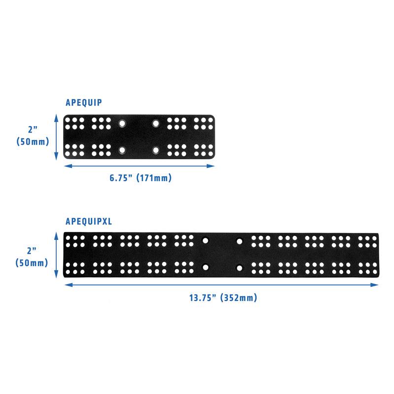 The Universal Equipment Mounting Plate measures 13.75 x 2, features multiple round holes for versatile mounting, and is ideal for securing marine electronic devices.