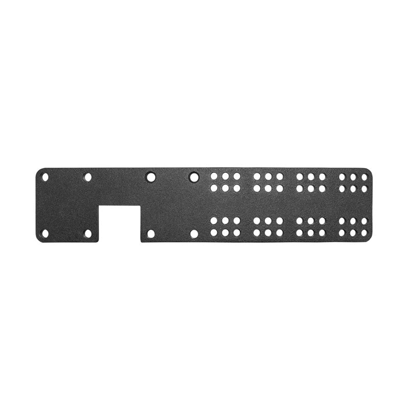 The Universal Equipment Mounting Plate - 9.25 x 2 is a flat, rectangular black metal plate with an AMPS pattern, a left-side notched cutout, and multiple rows of evenly spaced circular holes.