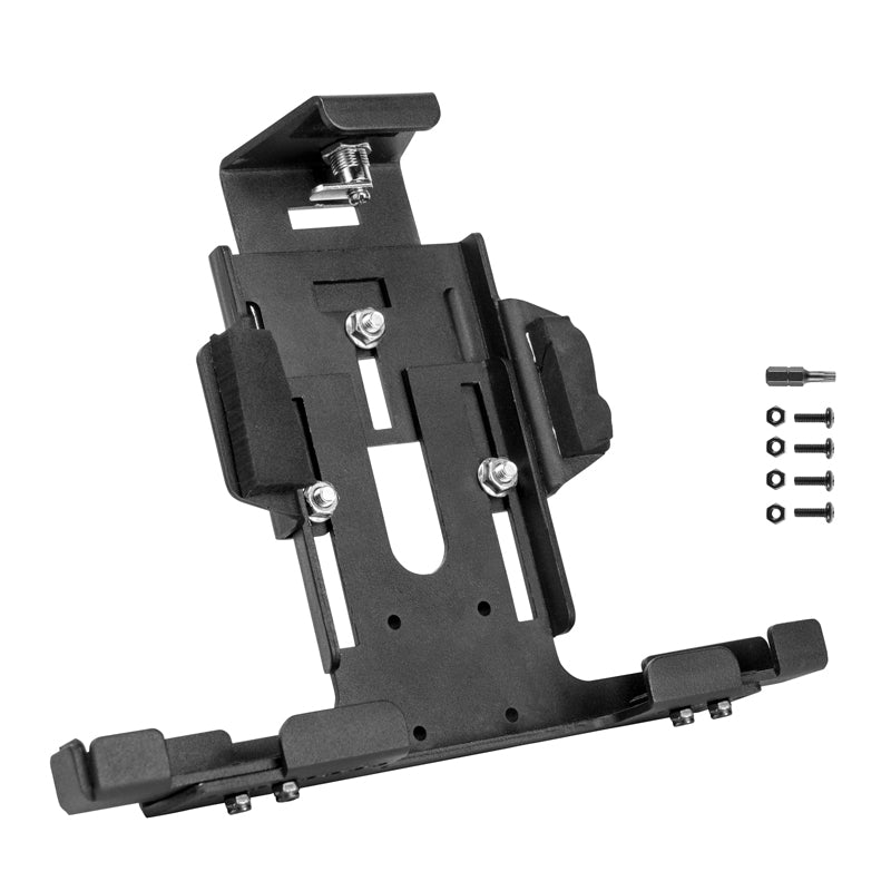 A LockVise™ Metal Locking Tablet Holder for iPads, Galaxy Tab, and LG G Pad models in black with adjustable bracket, multiple screws, nuts, and a tool displayed on a white background.