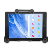 A black tablet with a blue and white wallpaper is secured in the LockVise™ Locking Tablet Holder. The screen shows various app icons and a weather widget.