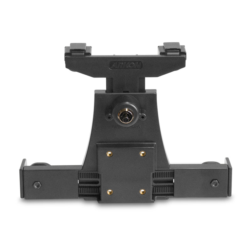 The LockVise™ Locking Tablet Holder features a central mounting hole and sliding arms, shown from the front against a white background.