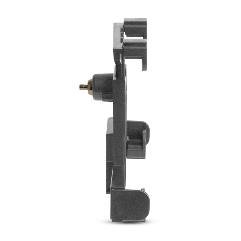 Side view of the LockVise™ Locking Tablet Holder in gray plastic and metal, featuring secure indents, protrusions, and a visible metal pin, shown isolated on a white background.