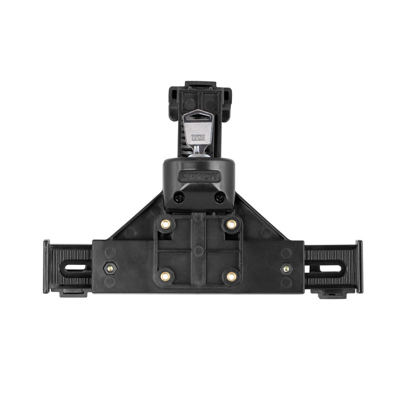 Black roof rack mounting bracket with adjustable arms and a central locking mechanism, shown with the LockVise™ Universal Locking Phone Holder with Key Lock, displayed against a white background.