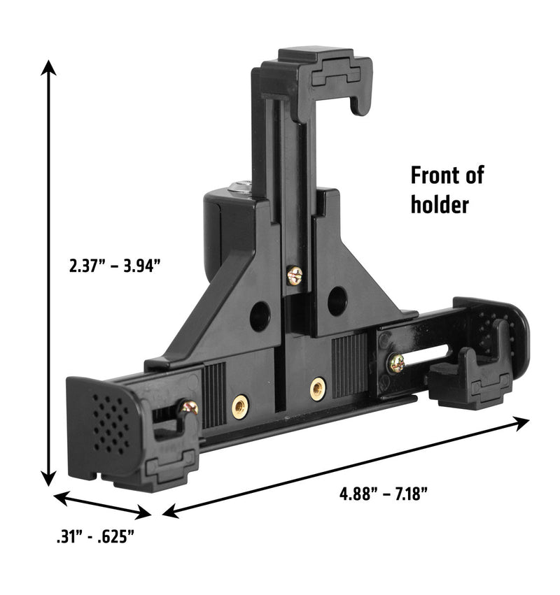 LockVise™ Universal Locking Phone Holder with Key Lock, adjustable black plastic design (height: 2.37–3.94, width: 4.88–7.18, depth: 0.31–0.625), marked front, visible screws—ideal as a Forklift Phone Mount.