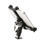 The LockVise™ Locking Drill Base Tablet Mount with Key Lock for E-Log securely holds a white tablet. Its adjustable black base features a key lock, shown here on a plain white background.