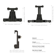 Three technical drawings of the LockVise™ Locking Drill Base Tablet Mount with Key Lock for E-Log in black, showing front, side, and top views with adjustable width/height. Text lists material, weight, and min/max device height.