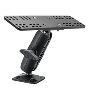 The Universal Marine Electronic Fishfinder Mount is a black adjustable heavy-duty plate with a rectangular perforated top, angled arm, and 4-hole AMPS base—perfect for securely mounting monitors or marine electronic fishfinders.