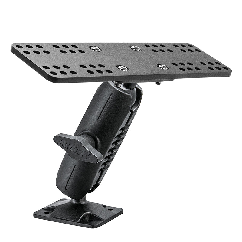 The Universal Marine Electronic Fishfinder Mount is a black adjustable heavy-duty plate with a rectangular perforated top, angled arm, and 4-hole AMPS base—perfect for securely mounting monitors or marine electronic fishfinders.