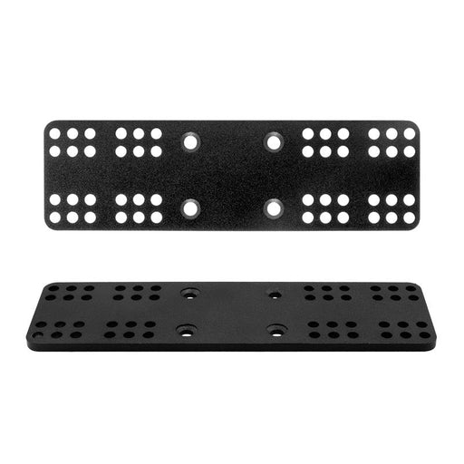 Two black rectangular metal plates, Universal Marine Electronic Fishfinder Splitter Bar Mounting Plates, each with multiple evenly spaced holes and a 4-Hole AMPS pattern, shown in top and angled views on a white background.