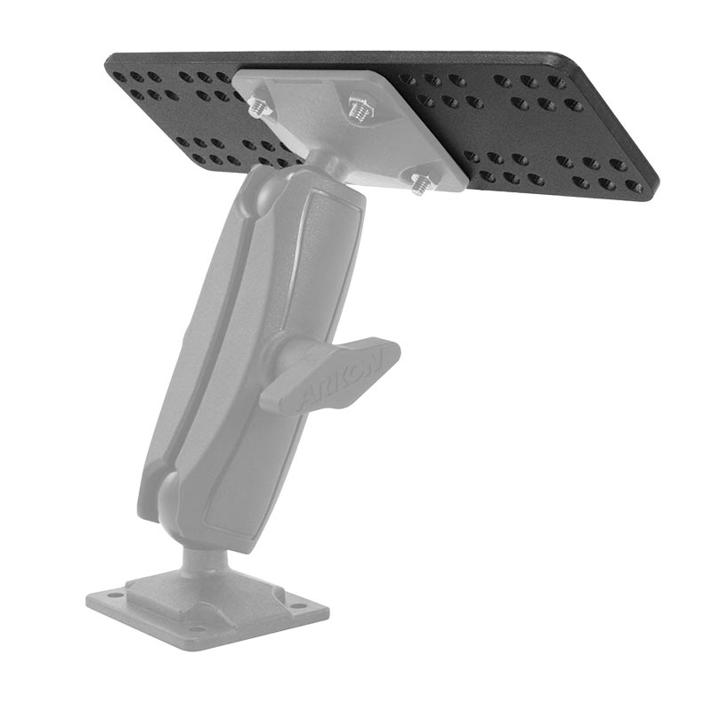 The Universal Marine Electronic Fishfinder Splitter Bar Mounting Plate is a sturdy, adjustable metal bracket with the Arkon APEQUIP 4-Hole AMPS pattern, rotatable middle joint, and square base for secure mounting.