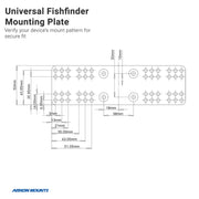 Diagram of a rectangular Universal Marine Electronic Fishfinder Splitter Bar Mounting Plate with measurements and a 4-Hole AMPS pattern labeled, for verifying device mount patterns. Arkon Mounts logo appears at the bottom left.
