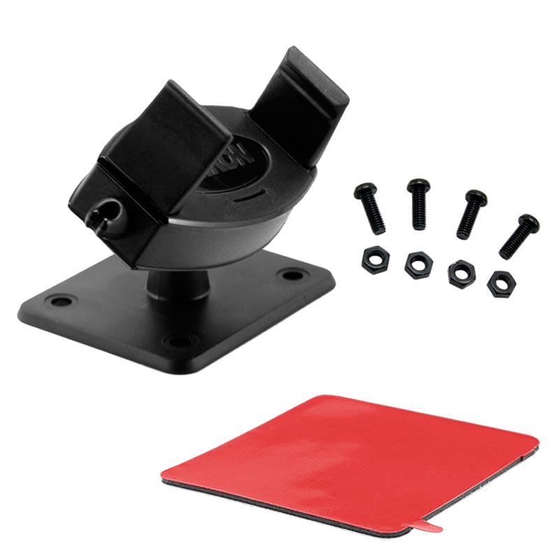 Universal Smartphone Adhesive or Drill-Base Mount VSM Adapter Kit for Car Installation, featuring an adjustable base, four screws, four nuts, and a red adhesive pad shown on a white background.