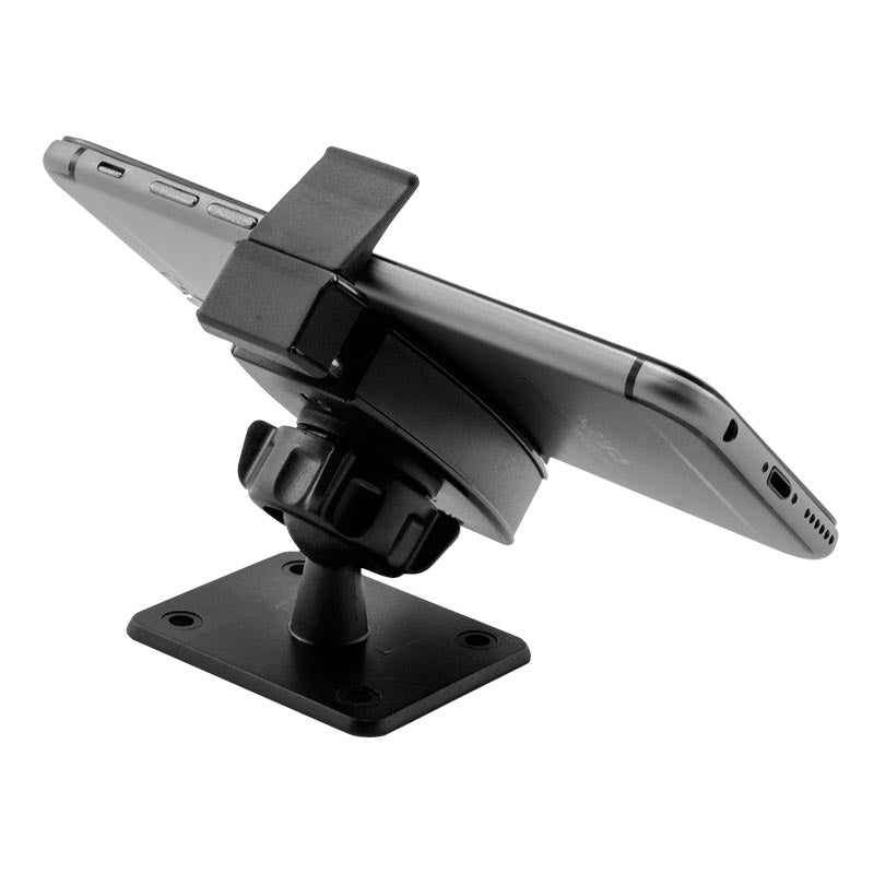 A Universal Smartphone Adhesive or Drill-Base Mount VSM Adapter Kit secures a phone horizontally with a black adjustable holder and square base, ideal for attaching devices to flat surfaces in your car.